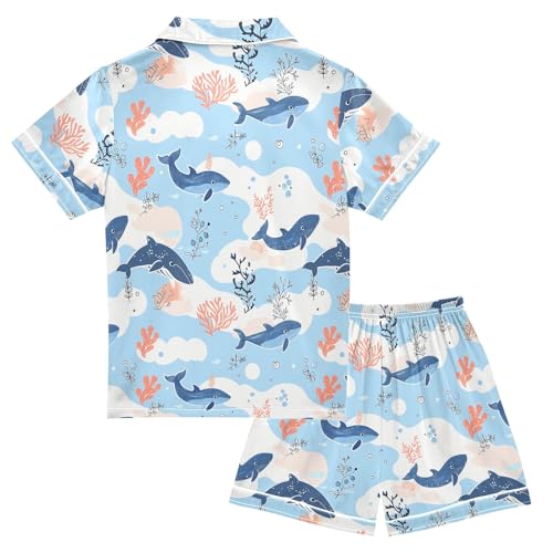 Cartoon Ocean Whale Style Summer Satin Pajama Set, Cute Button-Down Sleepwear Pj Set for Sleep Wears2