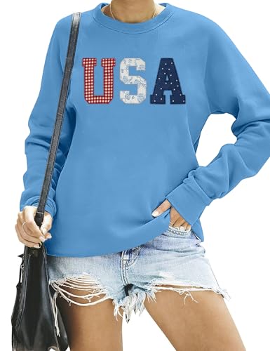 Image of LAZYCHILD USA Sweatshirt Women American Flag Shirt Patriotic TShirt Stars Stripes Pullover 4th of July Tee Tops