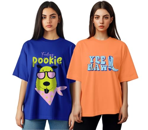 Image of JUNEBERRY 100% Pure Cotton, Pack of 2,Round Neck, Oversized Loose,Drop Shoulder,Graphic Printed, Half Sleeve T-Shirts for Women & Girls, in Different Colors, with Sizes Range from S to 2XL.