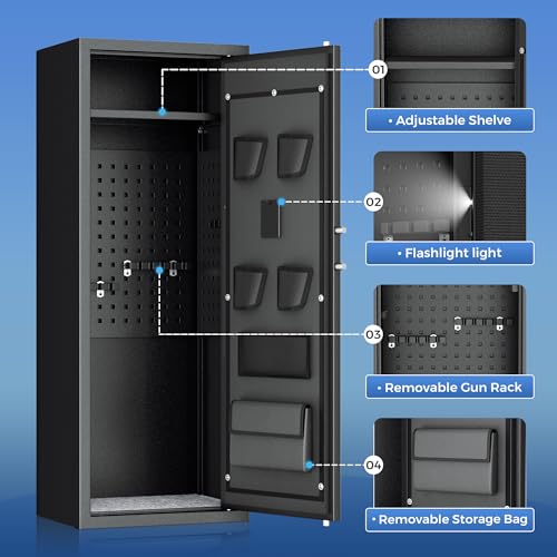 Greenvelly 10-14 Gun Safe for Rifles and Pistols,Quick Release Safe with Adjustable Shelves and Pockets,Locking Gun Cabinet with Rifle Rack for Home and Shotgun (Black)