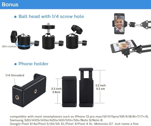 Image of MountPro K10 Overhead Video Stand for Phone with Adjustable Lazy Arm, 360 Rotating Metal Desk Clamp Stand for Video Recording, Streaming, Cooking, Craft, Art, Desk & Content Creation (Black)