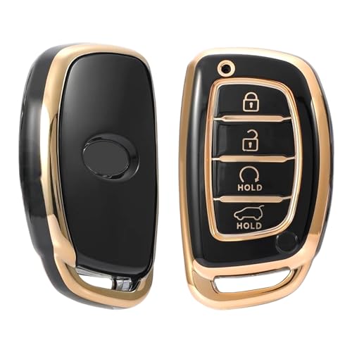 Image of TPU Car Key Cover Black & Golden Compatible for Hyundai Creta, Venue, I20 (2021),Alacazar, Elantra, Tuscon (Hyundai, 4 Button Push Smart Key New)