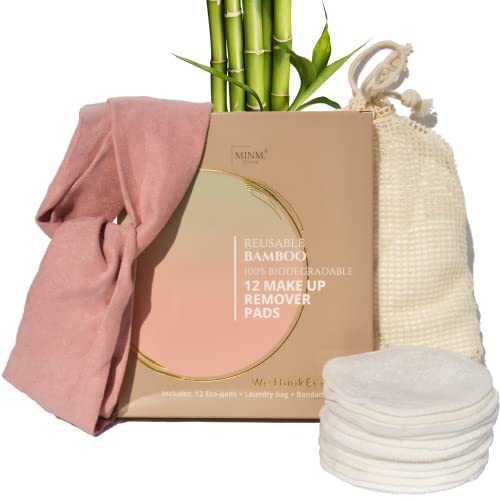 Discos Desmaquillantes Reutilizables 12pcs | Bolsa de Lavandería | Algodones 100% de Bambú orgánico | Bandana turbante rosa para el pelo 1pc | Toallitas reusables ecológicas Cover
