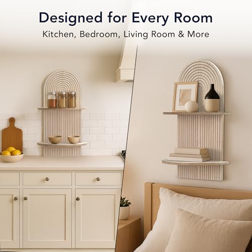 Image of American Art Decor Carved Lunar Ledges 2-Tier Modern Display Arched Wall Shelf Storage for Bedroom Bathroom Kitchen Living Room - Natural Beige - 23.75 inch x 14 inch x 8.25 inch