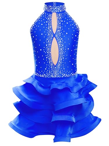 Yruioon Vestido de baile latino para niña, brillante, patinaje artístico, vestido de patinaje sobre ruedas, brillantes, vestido de ballet chacha salsa moderno dance ropa de baile, azul, 170-176