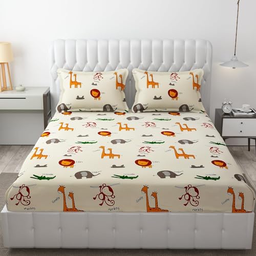 Image of RD FABS Glace Cotton Wrinkle Free Soft Hypoallergenic Bed Sheet with 2 Pillow Cover,Cartoon Printed,Double Bed King Size Bedsheet for Kids Room Boys Girls(90x95 Inches /Cream /Animal),144 TC