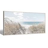 Beach Canvas Framed Wall Art: Large Coastal Seascape Picture Decor Ocean Scene Sea Print Painting Modern Seaside Seashore Grass Artwork for Bedroom Living Room Office