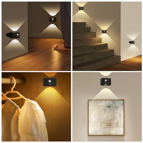 Image of Motion Sensor Wall Sconces of 2PCS, Cordless Auto Motion Activated LED Wall Lights 360Rotate& Rechargeable Battery Operated, 3 Brightness, Indoor Motion Detection Wall Lamps for Hallway Stairway
