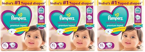 Image of Pampers Active Baby Taped Diapers, Extra Large size diapers, (XL) 38 count, taped style custom fit (Pack of 3)