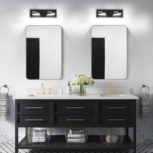 Image of LED Modern Bathroom Vanity Light Fixtures, Dimmable Matte Black Vanity Lights for Bathroom Lighting Fixtures Over Mirror, with 360 Rotatable Acrylic Heads 2-Light 16-inch (Cool White 6000K)