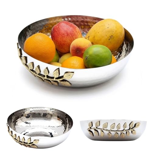 Decorative Silver Hammered Bowl, 10" Polished Stainless Steel Brass Leaf Trim Vine Accent Fruit Holder Organizer Basket, Tabletop Centerpiece Display Dish, Kitchen Living Room Home Decor Wedding Gift