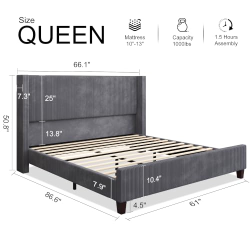 Image of HOWE Queen Size Bed Frame with 50.8 Inch Corduroy Wingback Headboard, Gray | Modern Upholstered Platform Bed, Solid Wood Slats, No Box Spring Needed, Noise-Reducing Design