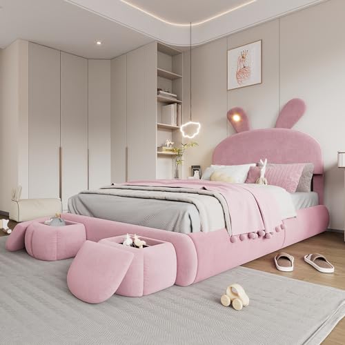 Dolamaní Jugendbett Mädchen Bett 140x200 cm, Kaninchenform-Kopfteil mit Hasenohren und 2 Stauraum Hocker mit Hasenfüßen，Hydraulisches Polsterbett Samt Modern (Rosa)