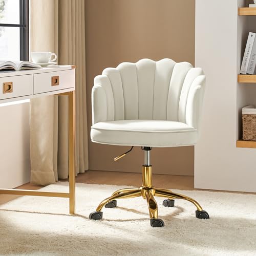 HULALA HOME Chaise de bureau en velours avec base dorée, chaise de bureau moderne rembourrée pour coiffeuse, chaise de bureau pivotante et réglable pour salon, ivoire HULALA HOME Chaise de bureau en velours avec base dorée, chaise de bureau moderne rembourrée pour coiffeuse, chaise de bureau pivotante et réglable pour salon, ivoire