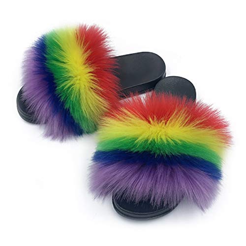 Image of Women's Faux Fur Slides Slippers Fluffy Fuzzy Sandals Open Toe Furry Slide Flip Flop Indoor Outdoor