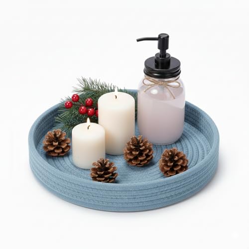 Image of BOBBINY Decorative Round Rope Tray for Decor - Rope Tray for Kitchen Dining Room Table - The Perfect Small Candle Serving Tray for Coffee Table and Home Decor (Cyan, 10x10 Inch (Pack of 1))