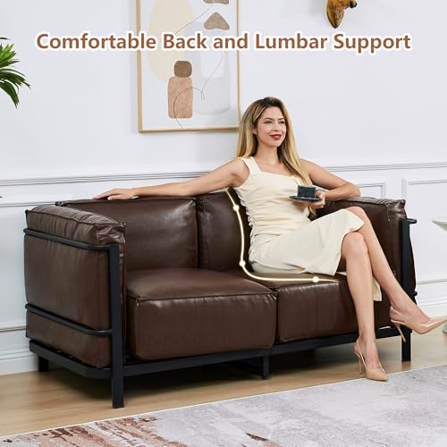 Image of 3 Piece Living Room Sofa set, Mid-Century Modern Upholstered Couch Chair Faux Leather Sofa Couch with Iron Frame and Upholstered Armrest Backrest Cushion for Living Room, Office, Apartment (Brown)