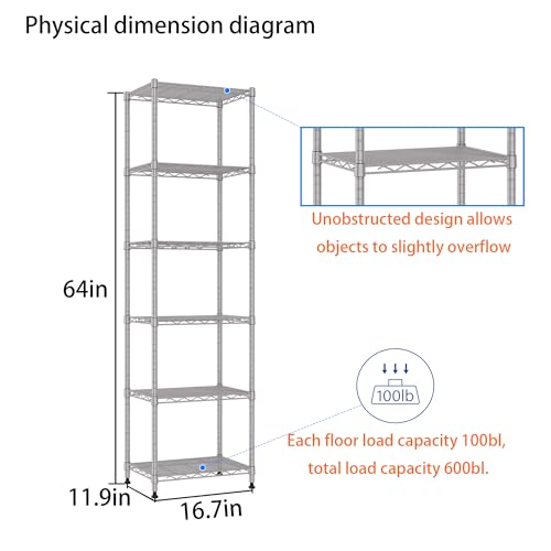Image of REGILLER 6 Wire Shelving Steel Storage Rack Adjustable Unit Shelves for Laundry Bathroom Kitchen Pantry Closet (16.7L x 11.9W x 64H, Silver)