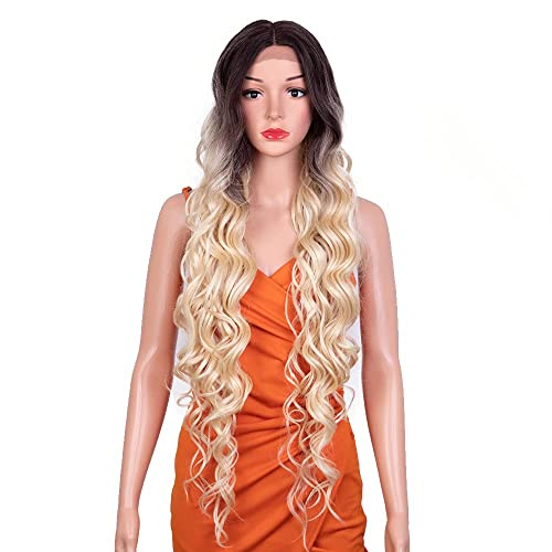NOBLE STAR Long Wavy Lace Front Wigs 40 Inches T Part Lace Wavy Wigs Heat Resistant Synthetic Wigs for Daily Party Cosplay Use (Ombre Blonde)