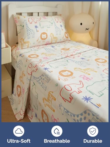 Image of Kids Twin Size Animal Bed Sheets - 3 Piece Kids Animal Sheet Set - Doodle Safari Bedding - Ultra-Soft, Cute & Cozy - Breathable & Machine Washable - Jungle Bed Set for Boys, Girls, Teens & Toddlers
