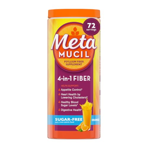 Image of Metamucil 4-in-1 Psyllium Husk GLP-1 Friendly Fiber Supplement, Sugar-Free, 72 teaspoons, Orange Flavored, Daily Fiber Powder for Digestive Health, made with Plant-Based Psyllium Husk Fiber