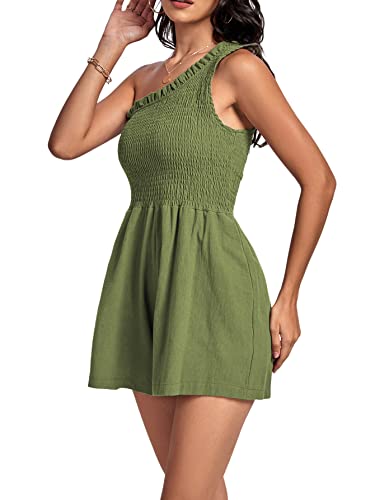 Umenlele Women's One Shouder Sleeveless Trim Smocked High Waist Short Romper Jumpsuit Green Medium #TOP4