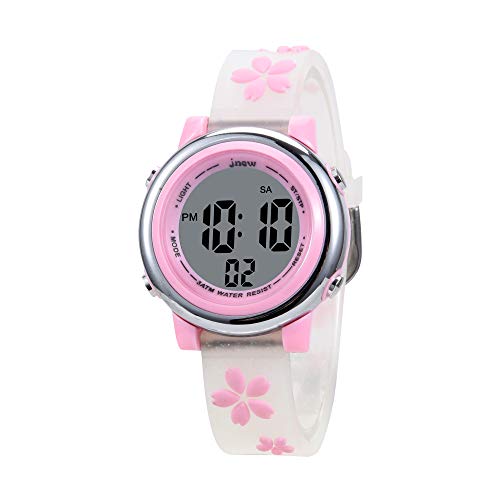 KZKR Montre Fille/garçon Enfant Digital Montre pedagogique 7 Colorées Affichage LED Rétro-éclairageen Alarme Chronomètre Date 12/24h en Silicone Motif Fleurs Cerisier (Bracelet Blanc) Cover