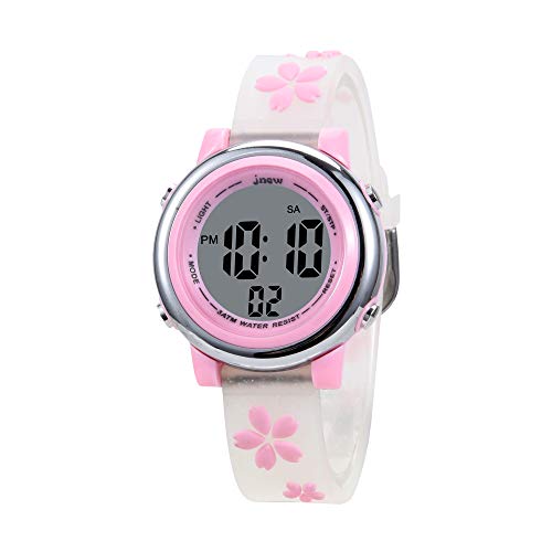 KZKR Montre Fille/garçon Enfant Digital Montre pedagogique 7 Colorées Affichage LED Rétro-éclairageen Alarme Chronomètre Date 12/24h en Silicone Motif Fleurs Cerisier （Bracelet Blanc）