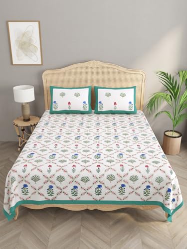 Image of Cotton Bedsheet, Hand Block Printed Bedsheet for Double Bed with 2 Pillow Covers, Eco-Friendly Bedsheet for Bedroom, Guestroom & Living Room, Size - 108 * 108 (Turquoise & Pink & Blue)