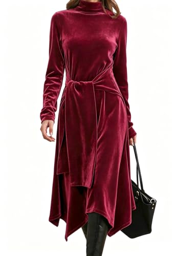 Image of Jayscreate Women's 2023 Long Sleeve Sweater Dress Fall Winter Midi Tie Front Knit High Waist Business Casual Dress