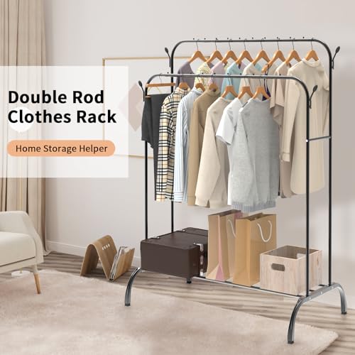 Heavy Duty Clothes Rail, Sturdy 80KG Black Metal Rack With Double Hanging Clothing Shoe Rack, Metal Clothes Rack with Storage Shelves & 4 Coat Hooks, Freestanding Rails For Bedroom, Office, Shop - Image 7