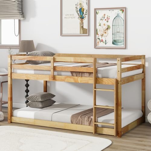 LUKEEHOM Bunk Bed Twin Over Twin, Wood Low Profile Floor Twin Bunk Beds with Ladder Guardrails for...
