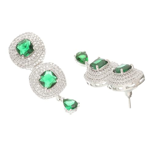 Image of ZENEME Rhodium Plated Silver Toned Triangular Shaped American Diamond Studded Jewellery Set For Women and Girl