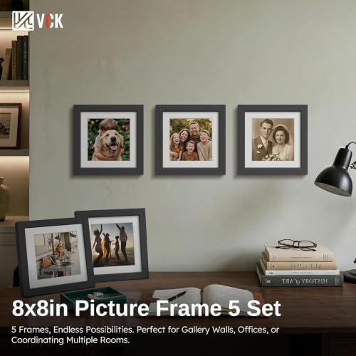 Image of VCK 8x8 Picture Frame 5 Pack, Black Wood, 6x6 Mat, Glass, for Photo Print