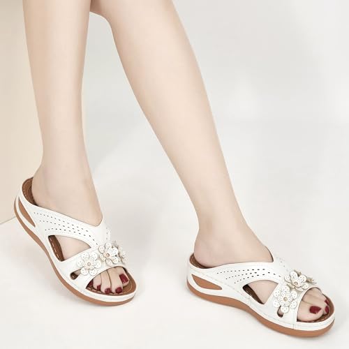 Image of Ecetana Womens Sandals Dressy Summer Comfortable Slides with Flowers Casual Non Slip Platform Lightweight Wedge Shoes