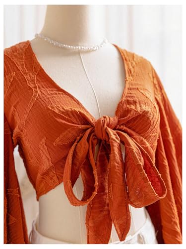 Women's Y2K 70s Top Western Cowgirl Hippie Shirt Bow Tie Front Disco Shirts Ruffle Long Bell Sleeve Boho Crop Tops4