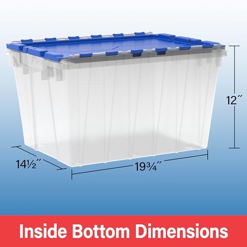 Image of Akro-Mils KeepBox 12 Gallon Storage Container, Nesting and Stackable Plastic Storage Box with Lid Attached, Clear Tote for Garages, Closets, Moving, 21-1 /2 inch x 15 inch x 12-1 /2 inch, Clear /Blue, Pallet of 48