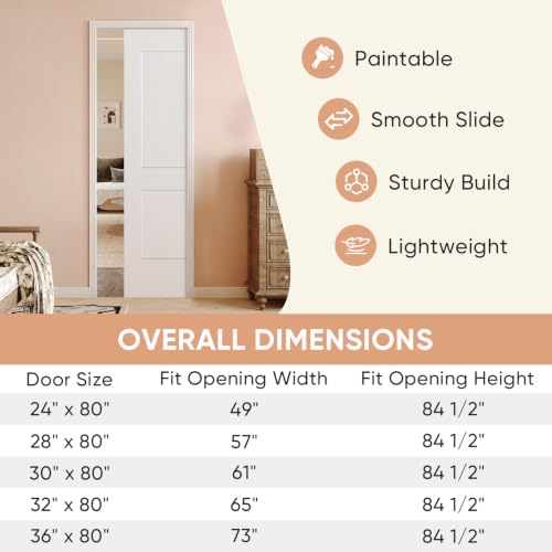 Image of BARNSMITH 28in x 80in Sliding Pocket Door, Track Hardware and Frame Kits with 2-Panel White Paintable Door Slab Included, Soft Close Mechanism, Durable and Smooth
