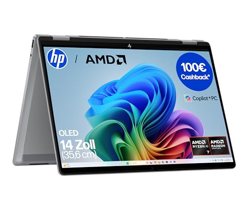 HP OmniBook X Flip 2in1 Next Gen AI Laptop| AMD Ryzen AI 7 350 (8C) | dedizierte NPU für KI | 50 NPU Tops | Copilot+ PC | 14' 3K 2880x1800 OLED-Touchscreen | 16GB | 1TB SSD | Win11 | QWERTZ | Silber
