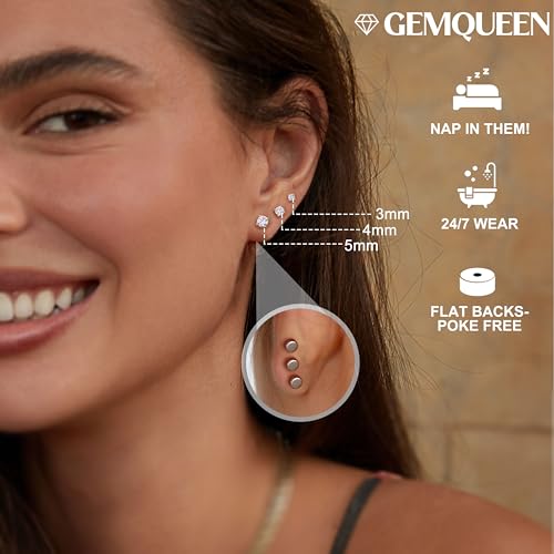 3 Pairs Moissanite Earrings Studs 14K Gold Plated S925 Sterling Silver Flat Back Earring for Women Men - Hypoallergenic Set Cartilage Helix Piercing Jewelry D Color VVS1 1.8CT3