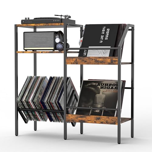 Fulgutonit Vinyl Record Player Stand, 5-Tier Vinyl Record Storage Cabinet, Turntable Stand End Table with 3 Records Storage Holder Shelf Compartments, Hold 200 Albums