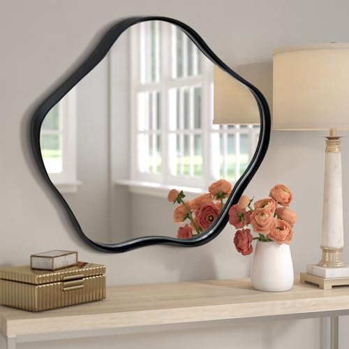 womilous Scalloped Irregular Mirror, 20" Asymmetrical Art Deco Wall Mirror with Black Metal Frame, Wavy Decorative Accent Mirrors for Entryway Bedroom Living Room, Horizontal or Vertical Hanging
