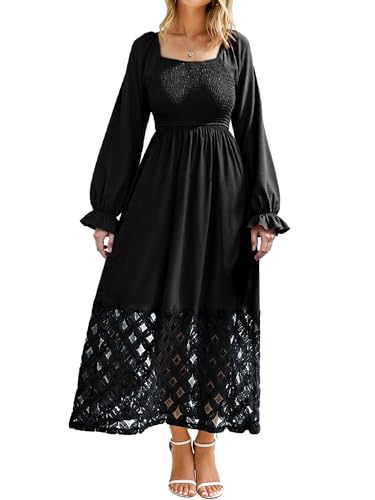 Simplee Women's Boho Flowy Long Sleeve Maxi Dress Square Neck Empire Waist  Smocked Swing Wedding Guest Dress - Product Details