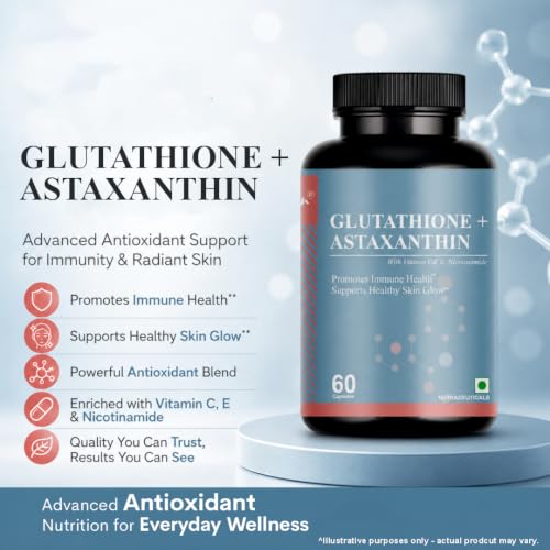 Image of Glutathione + Astaxanthin 60 Veg Capsules | Advanced Antioxidant Formula with Vitamin C, Vitamin E & Niacinamide | Supports Skin Brightening, Radiant Skin, Skin Health & Youthful Skin Support
