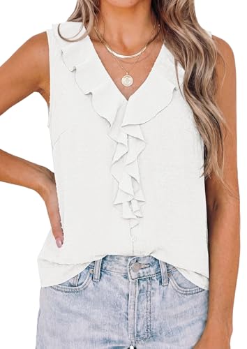 PRETTYGARDEN Womens Tank Tops 2026 Summer Dressy Casual Blouses Sleeveless Ruffle V Neck Swiss Dot Button Down Work Shirts (Off White,Medium)