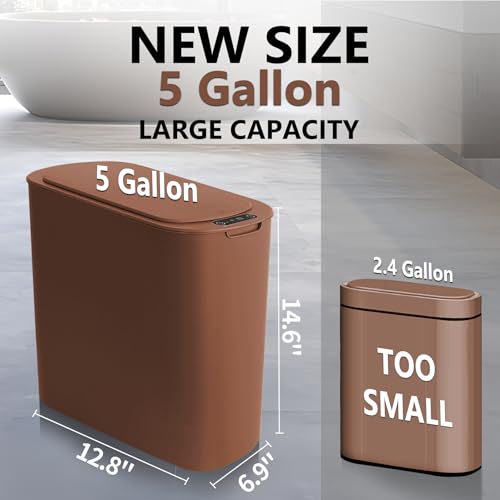 Image of TIPGO 5 Gallon Motion Senor Bathroom Trash Can with Lid, Automatic Garbage Can Touchless, Smart Plastic Waste Basket for Narrow Spaces, Bathroom, Office, Bedroom, Living Room (Brown)