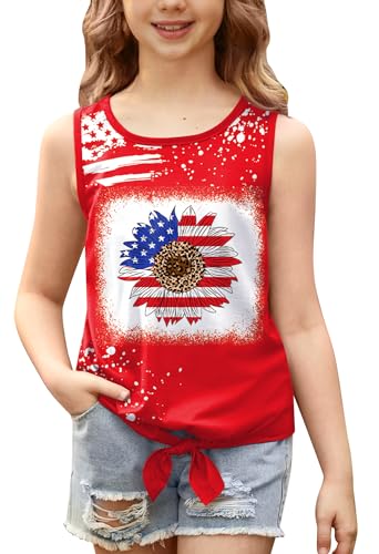 Image of July 4th Girls Patriotic Sleeveless Tie Knot Front Tank Top Stars Stripes Tee Shirt 4-14 Years