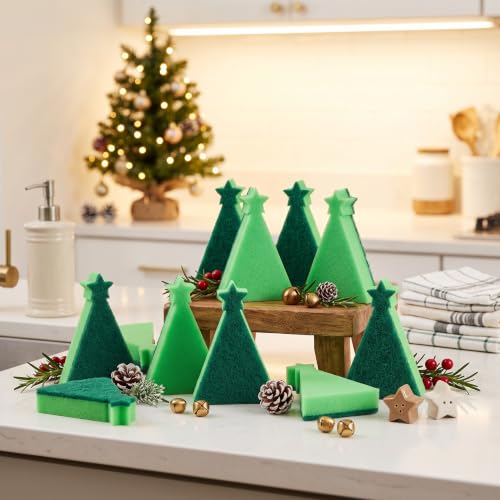 Image of Tioncy 12 Pack Christmas Tree Kitchen Sponges Bulk Green Star Top Tree Dual Sided Scrubber Sponges Dishwashing Kitchen Cleaning Accessories for Home Decor Household Supplies