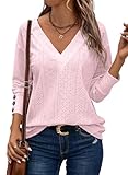Dokotoo Tops for Women Trendy Spring Summer 2025 Dressy Casual V Neck Loose Fit Long Sleeve Buttons Hollow Out Lace Tops Embroidered Blouses Shirts Business Casual Outfits Ladies Tops (Pink,X-Large)