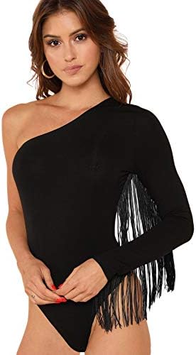 Verdusa Women's Fringe Trim One Shoulder Long Sleeve Thong Bodysuit Top Black L
